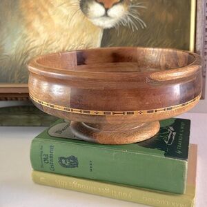 Vintage Turned Wooden Decorative Footed Bowl Compote Inlaid Aztec Marquetry